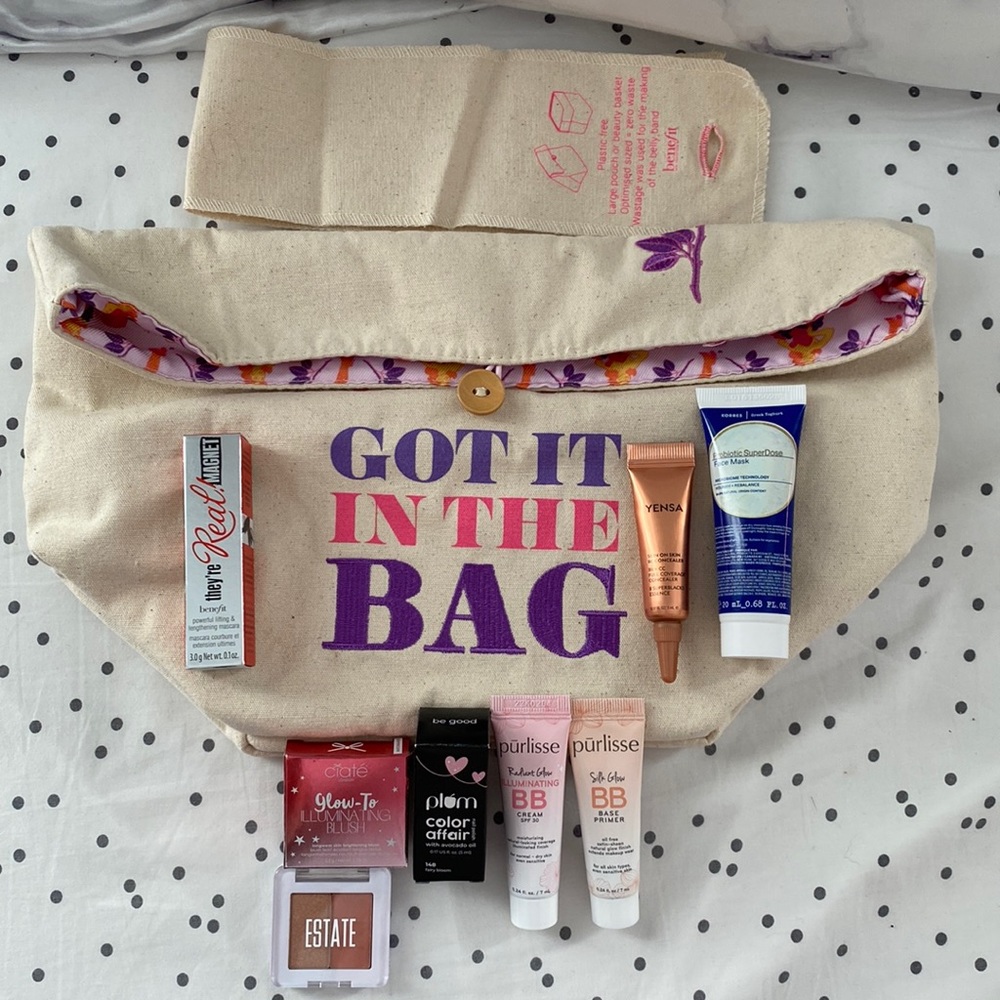 Benefit cosmetics bag and trial skin/makeup